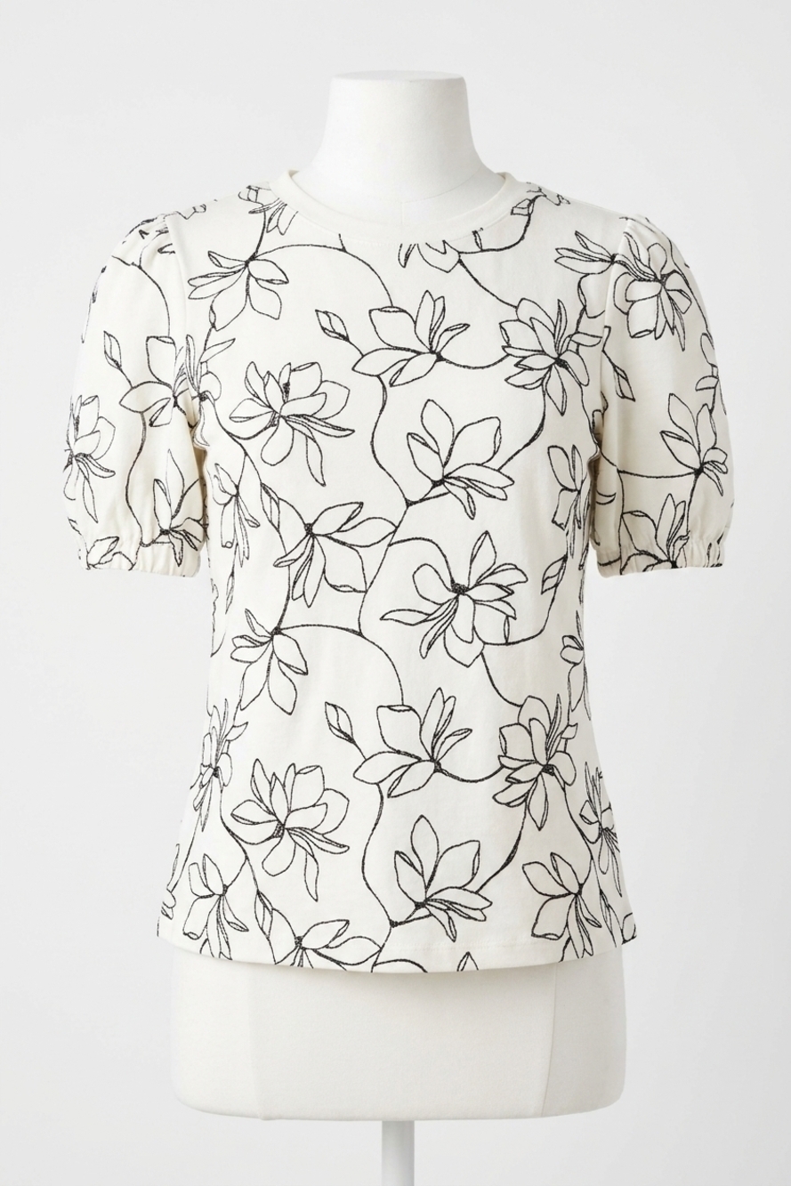 NEW PAPARAZZI embroidered french terry puff sleeve top in ivory / black